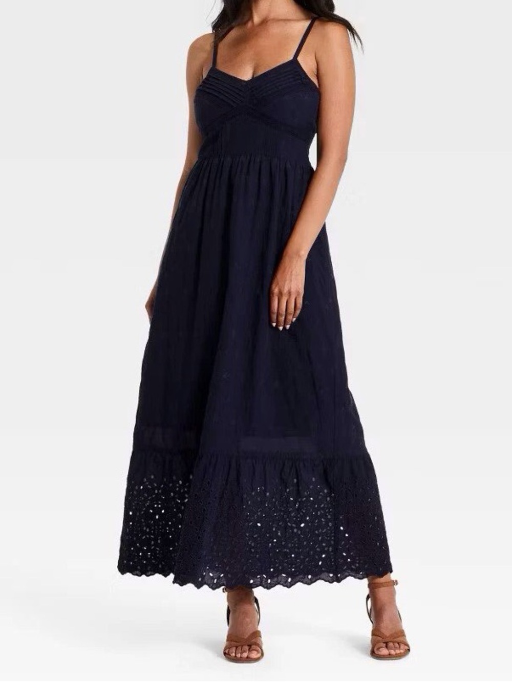 Spaghetti-Strap Navy Maxi Dress with Eyelet Hem